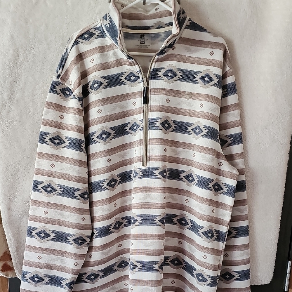 Roper Blue and Brown Zip Up Sweater with Geometric Pattern